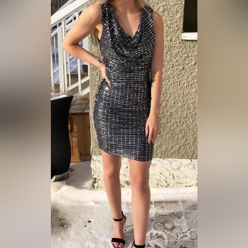 Pink + Stitch Silver and Black Ruched Dress